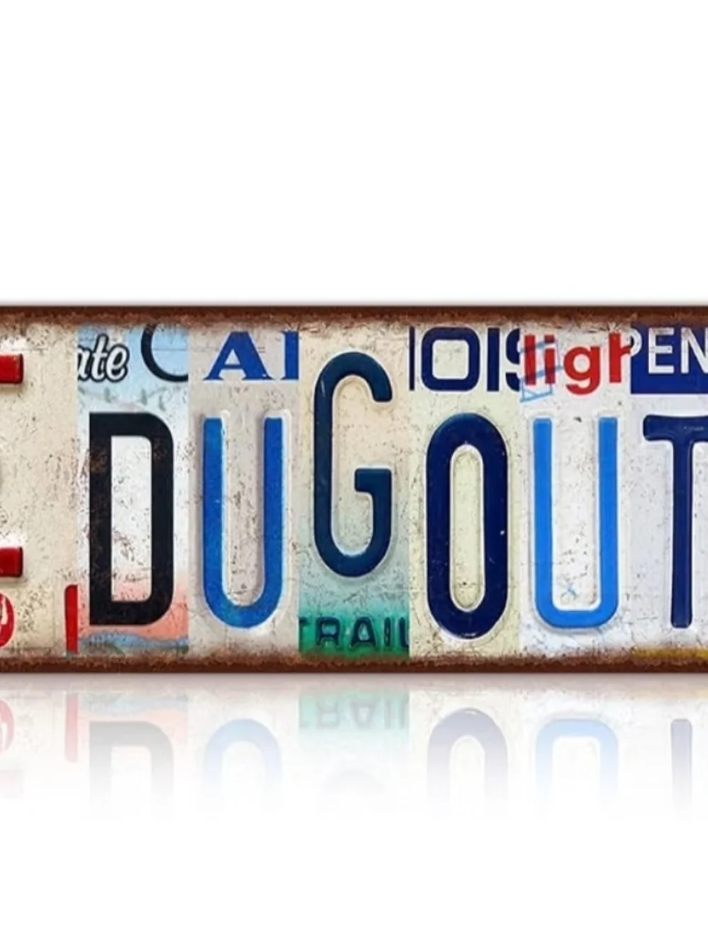Vintage Dugout License Plate Wall Art - White and Blue